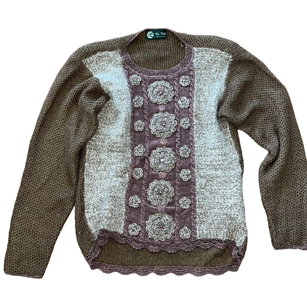 Vintage Cottage Core Granny Wool Lace Dainty Beaded Brown Sweater-Small